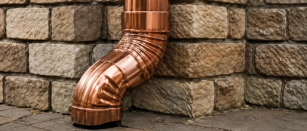Specialty copper downspout installed on a stone wall