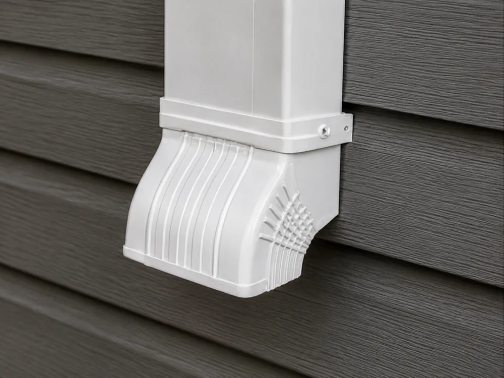 White downspout connector fitted to gray siding