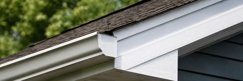White fascia board and gutter line on a residential roof edge