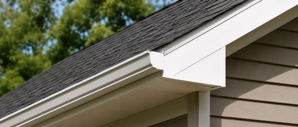 Complete white soffit and fascia system along a residential roofline