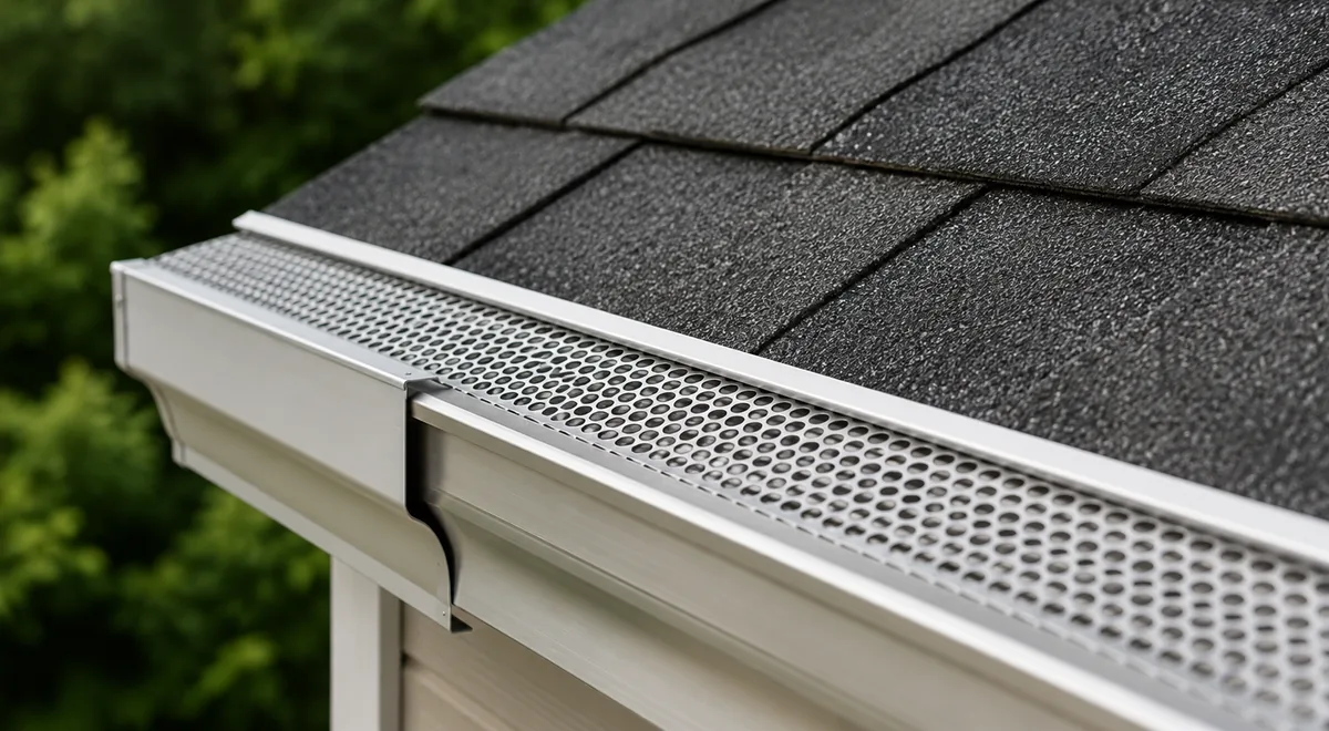 Installed gutter guard close-up on a white gutter