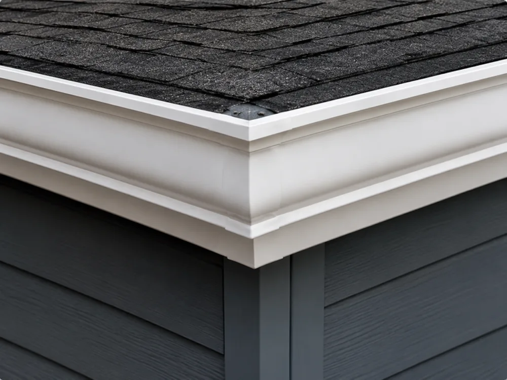White gutter miter corner under a shingle roof
