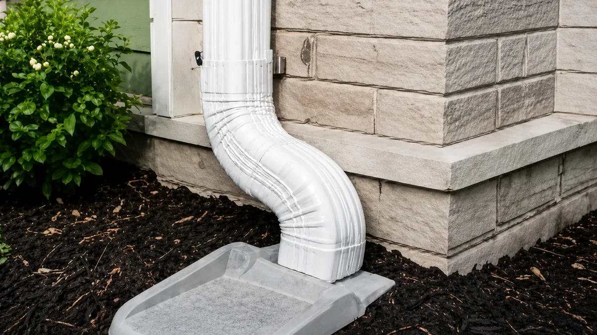 White downspout draining into a splash block beside a stone foundation