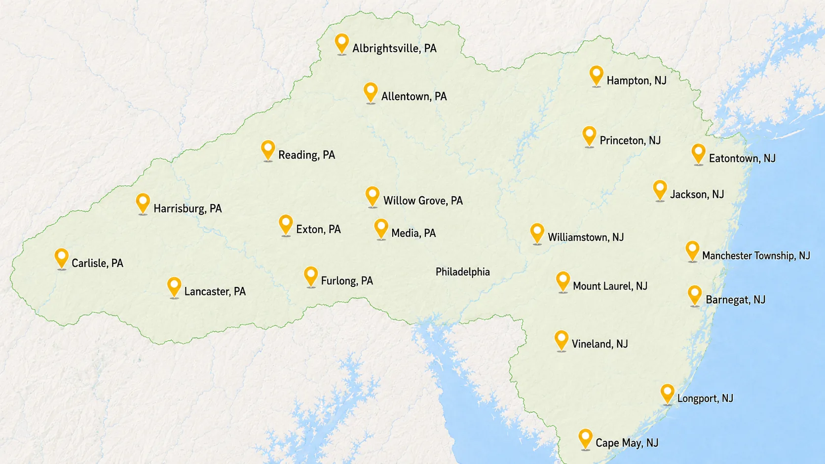 All Quality Gutters service area map across Pennsylvania and New Jersey