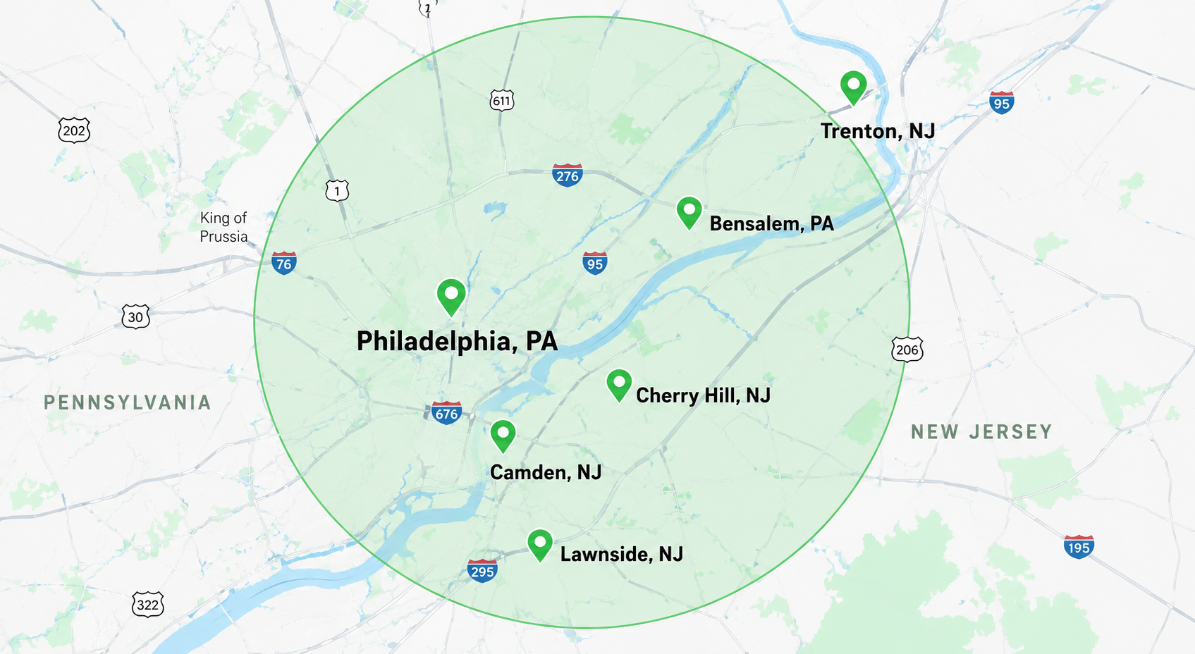 Service area map showing Philadelphia and Bensalem in Pennsylvania, plus Camden, Cherry Hill, Lawnside, and Trenton in New Jersey