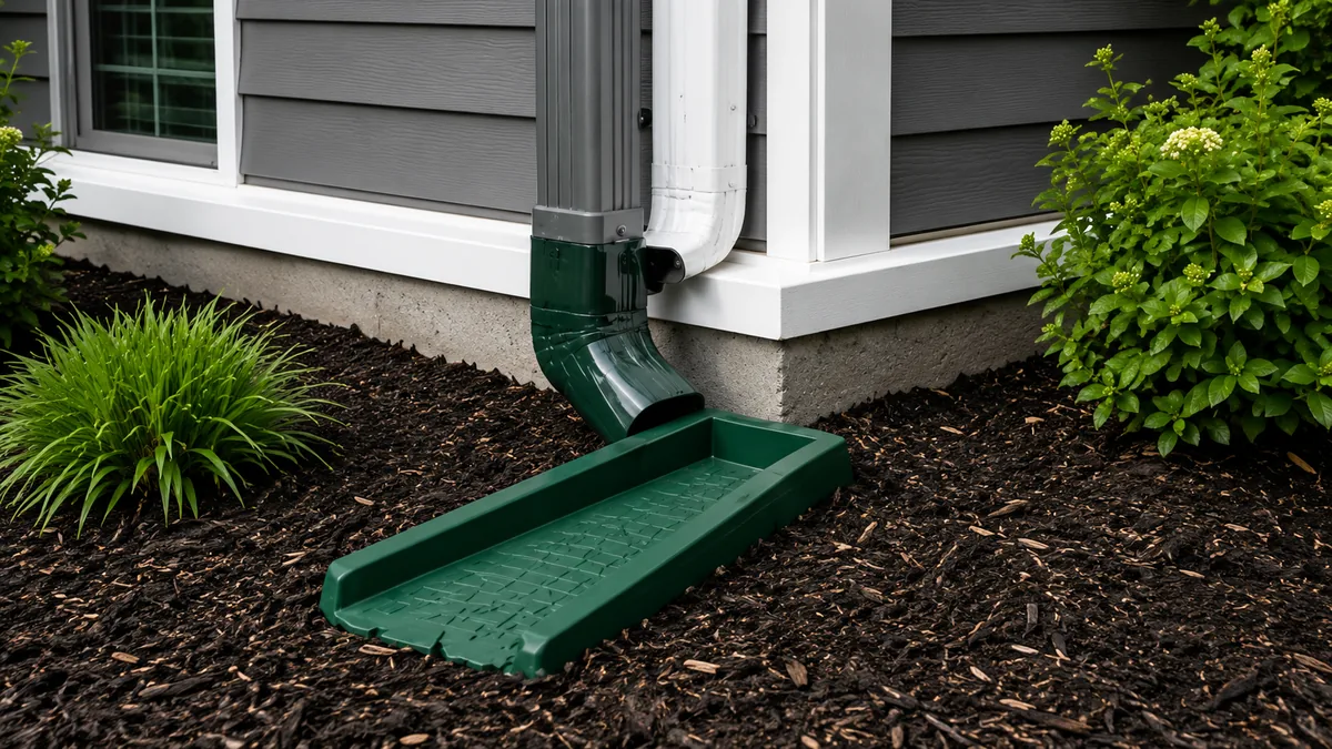 Downspout extension directing water into a splash block in landscaped mulch