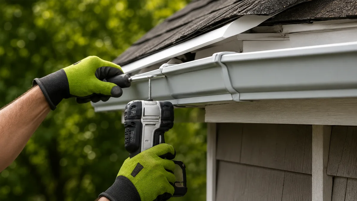 Installer fastening a replacement gutter to a residential roofline